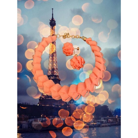 Coral Ribbon Braid Necklace Earrings Set - Picture 2 of 10